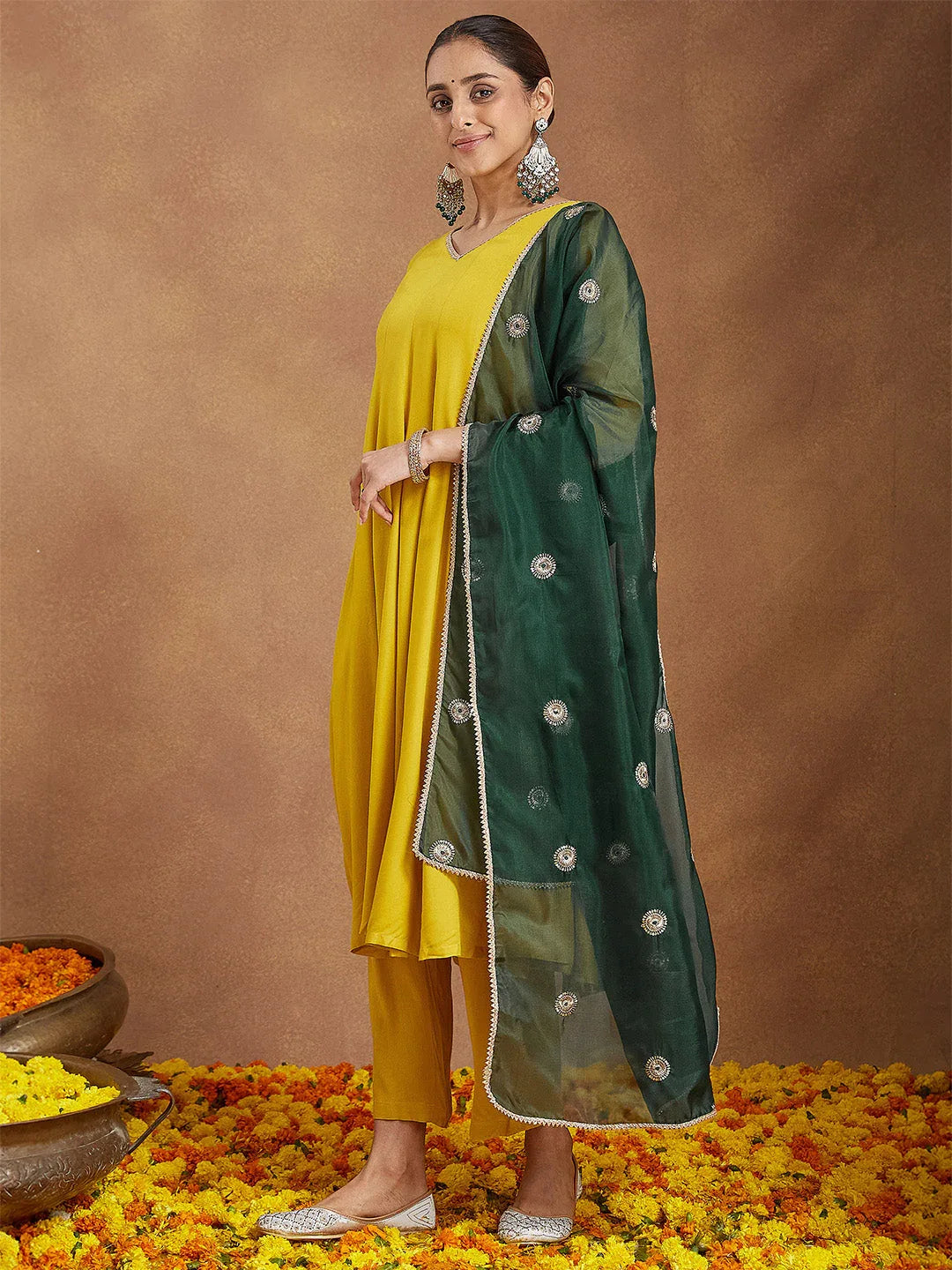 Janasya Women Mustard Yellow Rayon Embellished Anarkali Kurta Set With Green Dupatta