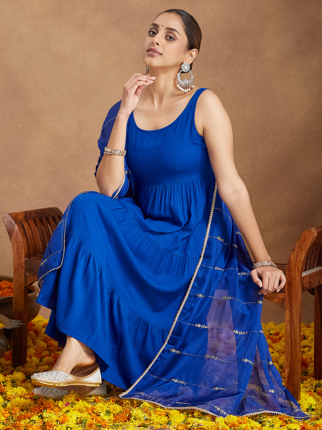 Janasya Women's Royal Blue Rayon Embellished Tiered Kurta Set With Dupatta - qivii