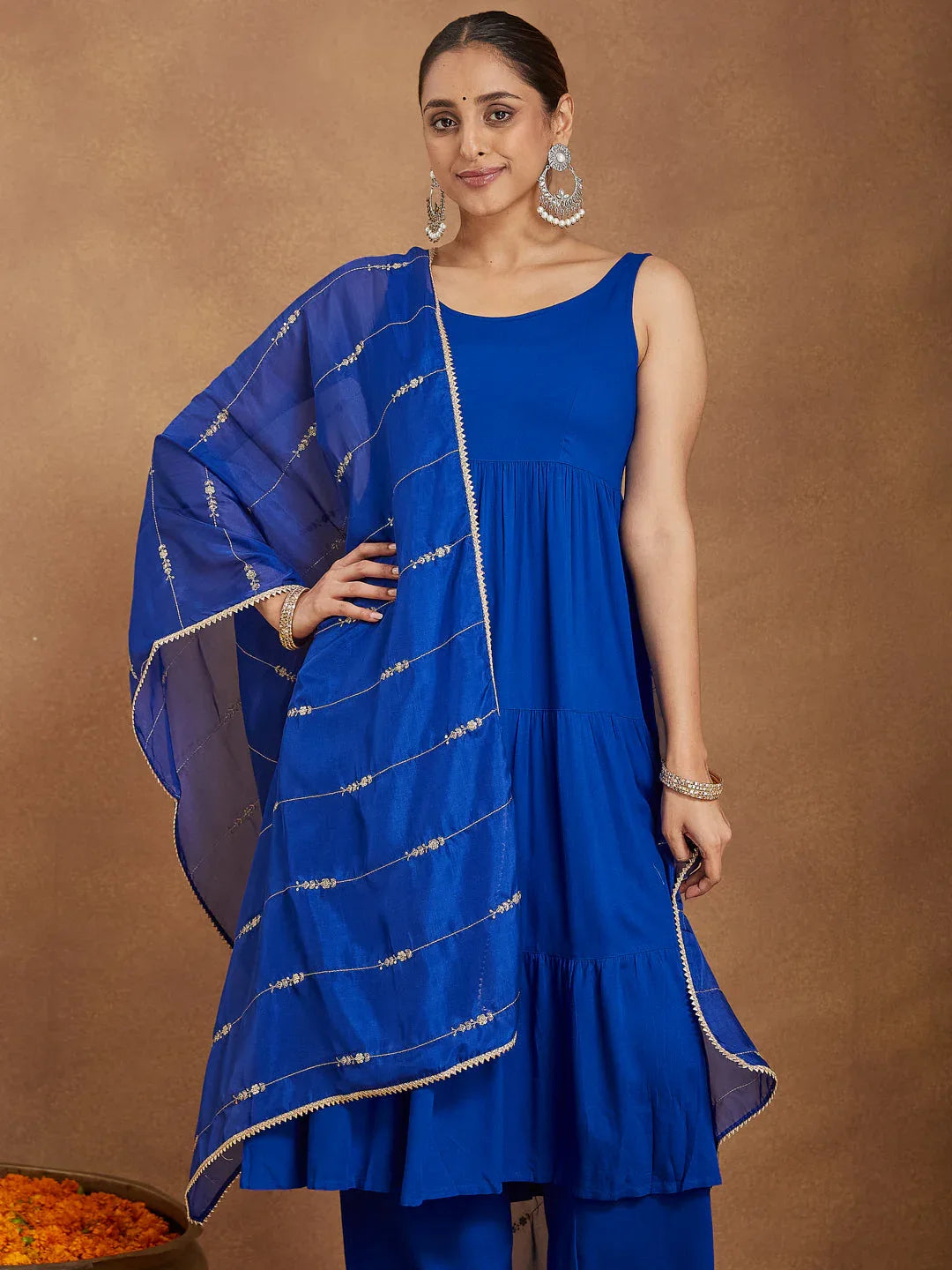 Janasya Women's Royal Blue Rayon Embellished Tiered Kurta Set With Dupatta