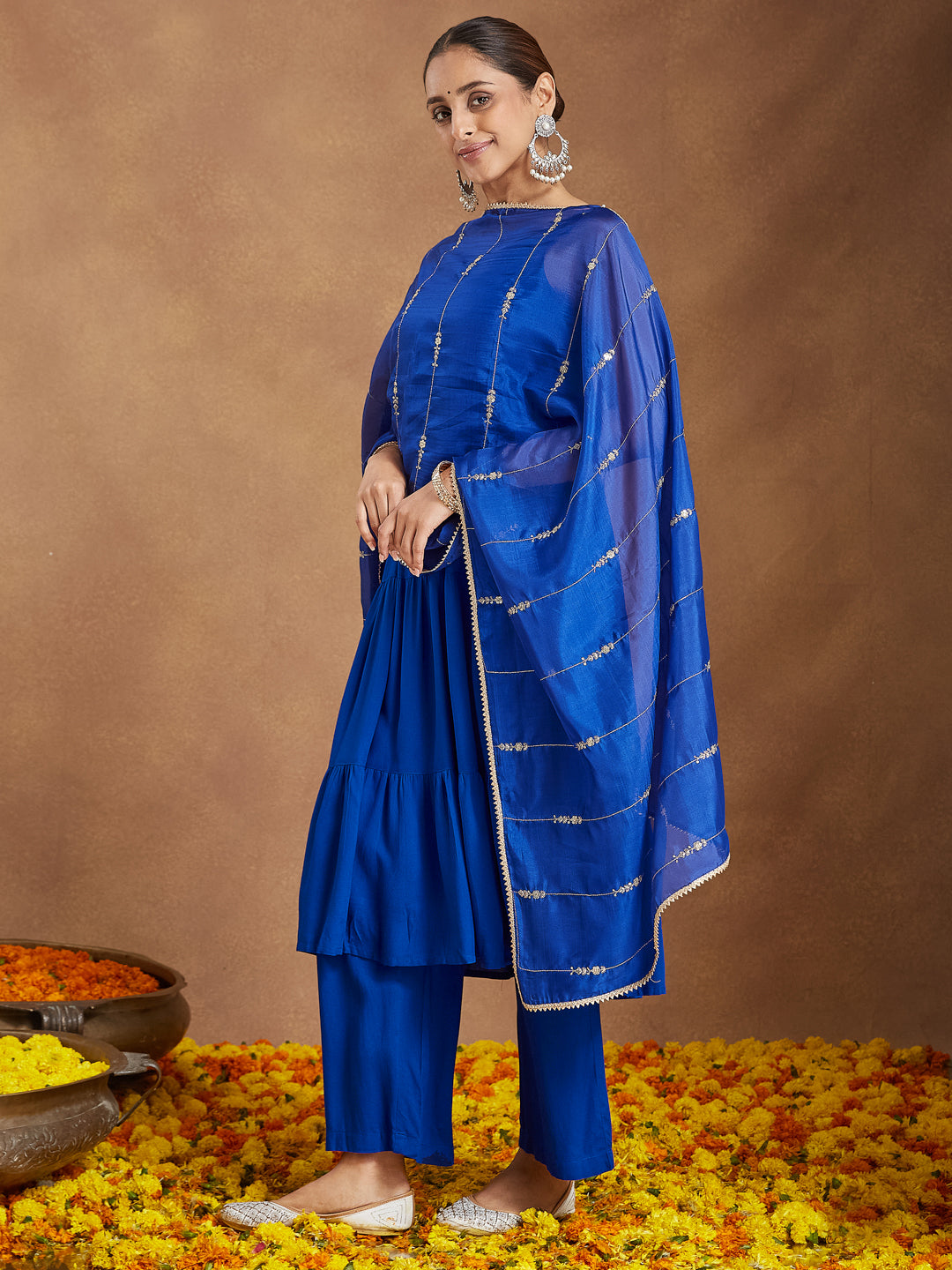 Janasya Women's Royal Blue Rayon Embellished Tiered Kurta Set With Dupatta - qivii