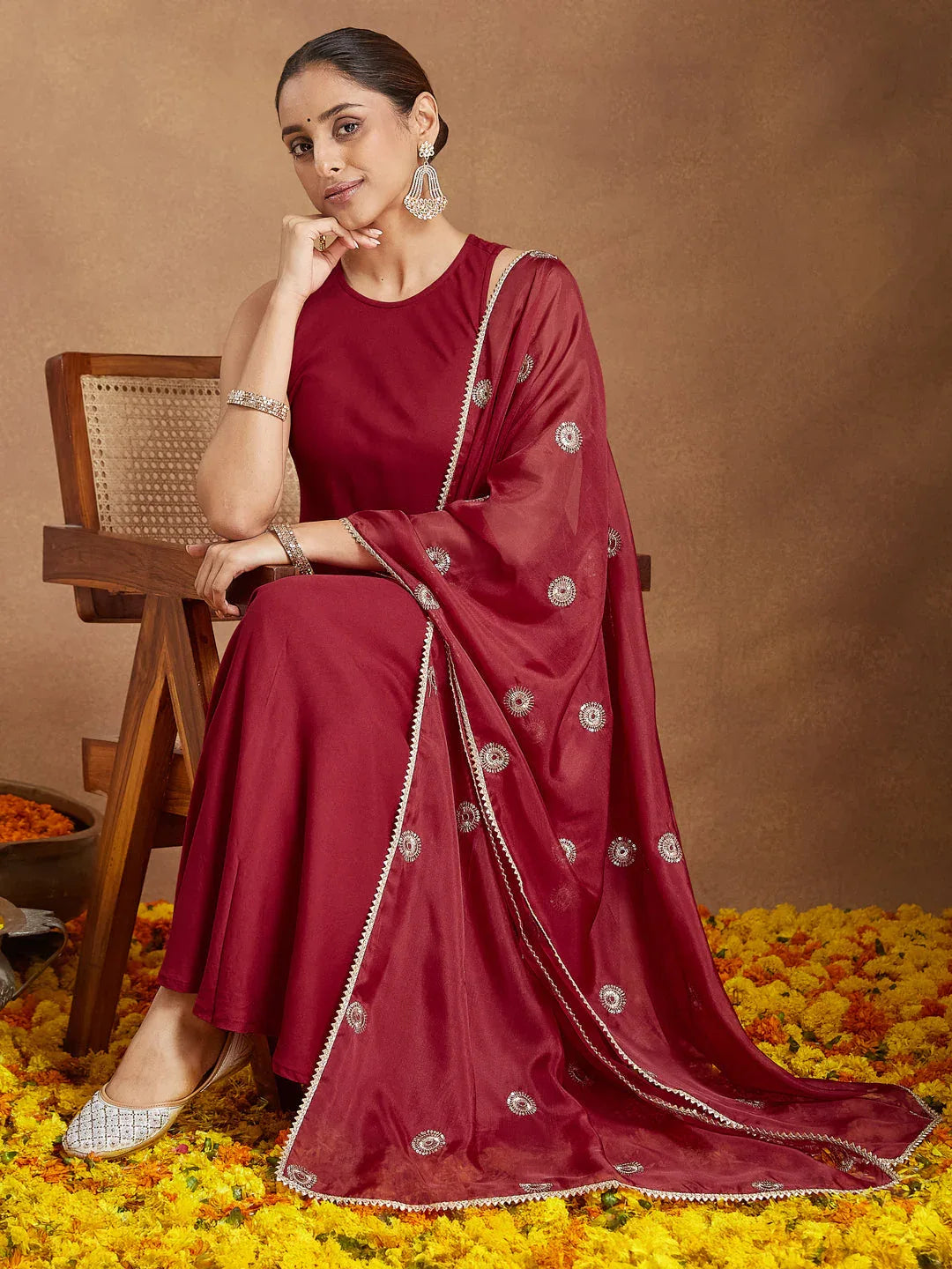 Janasya Women's Maroon Rayon Embellished A-line Flared Kurta Set