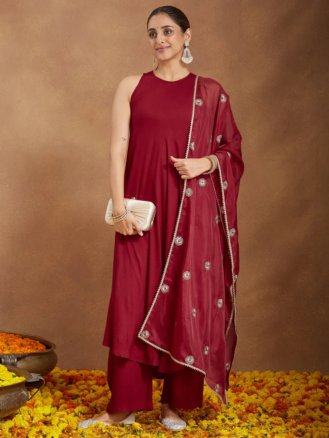 Janasya Women's Maroon Rayon Embellished A-line Flared Kurta Set
