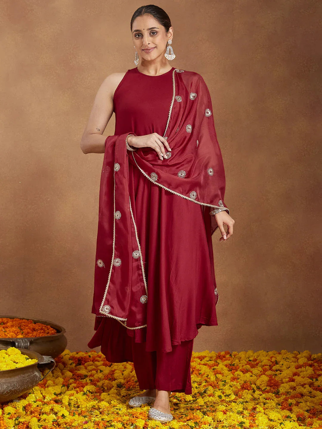 Janasya Women's Maroon Rayon Embellished A-line Flared Kurta Set