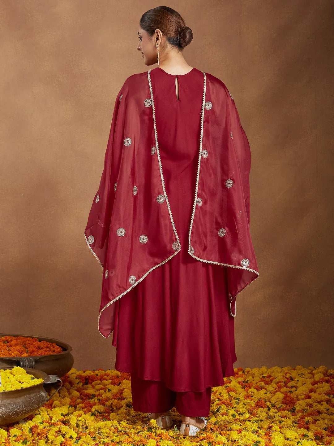 Janasya Women's Maroon Rayon Embellished A-line Flared Kurta Set
