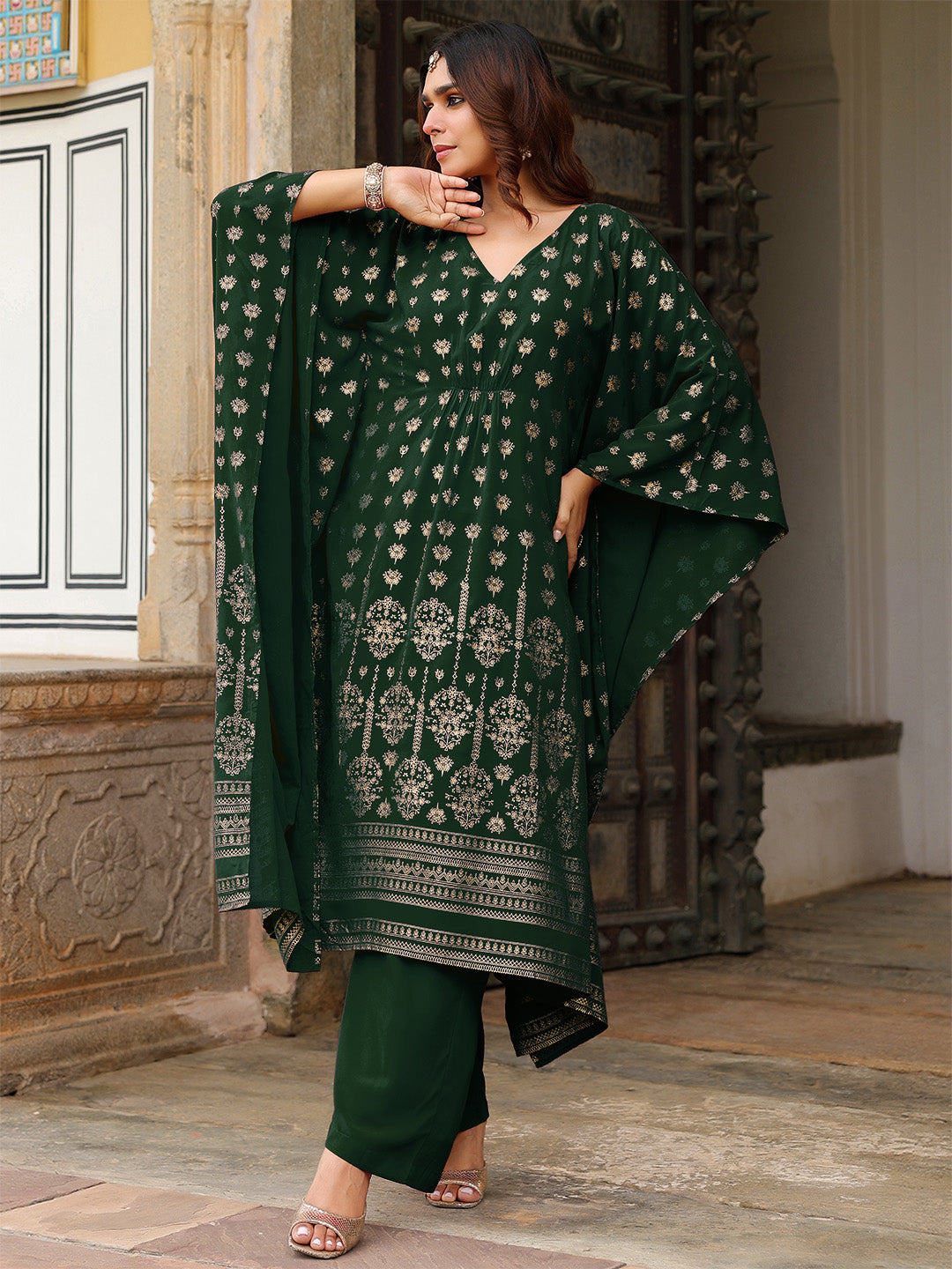 Janasya Women's Bottle Green Georgette Foil Printed Kaftan Kurta With Palazzo Set - qivii