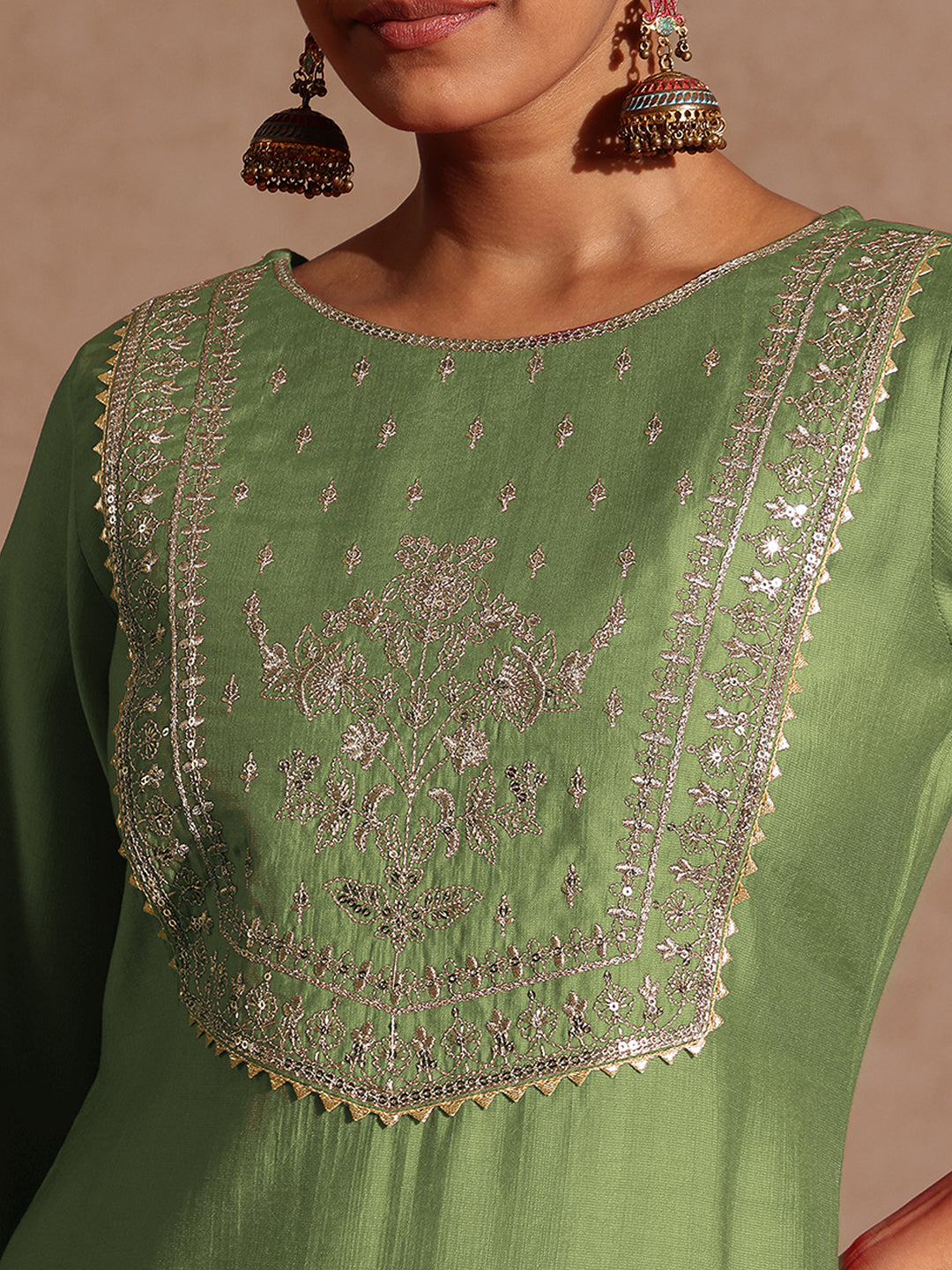 Janasya Women's Sage Green Silk Blend Zari Yoke Embroidered Straight Kurta Set With Dupatta