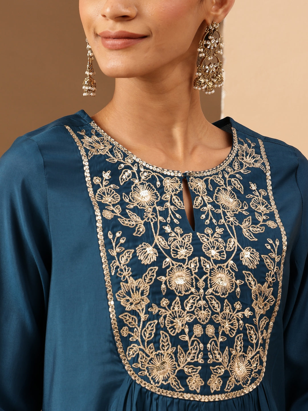 Janasya Women's Teal Chanderi Silk Zari Yoke Embroidered A-line Kurta Set With Dupatta - qivii