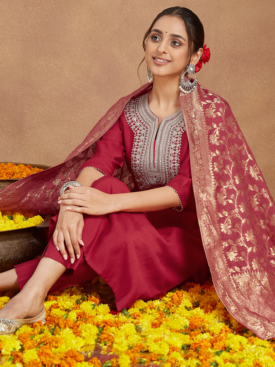 Janasya Women's Maroon Silk Blend Zari Embroidered Straight Kurta Set - qivii