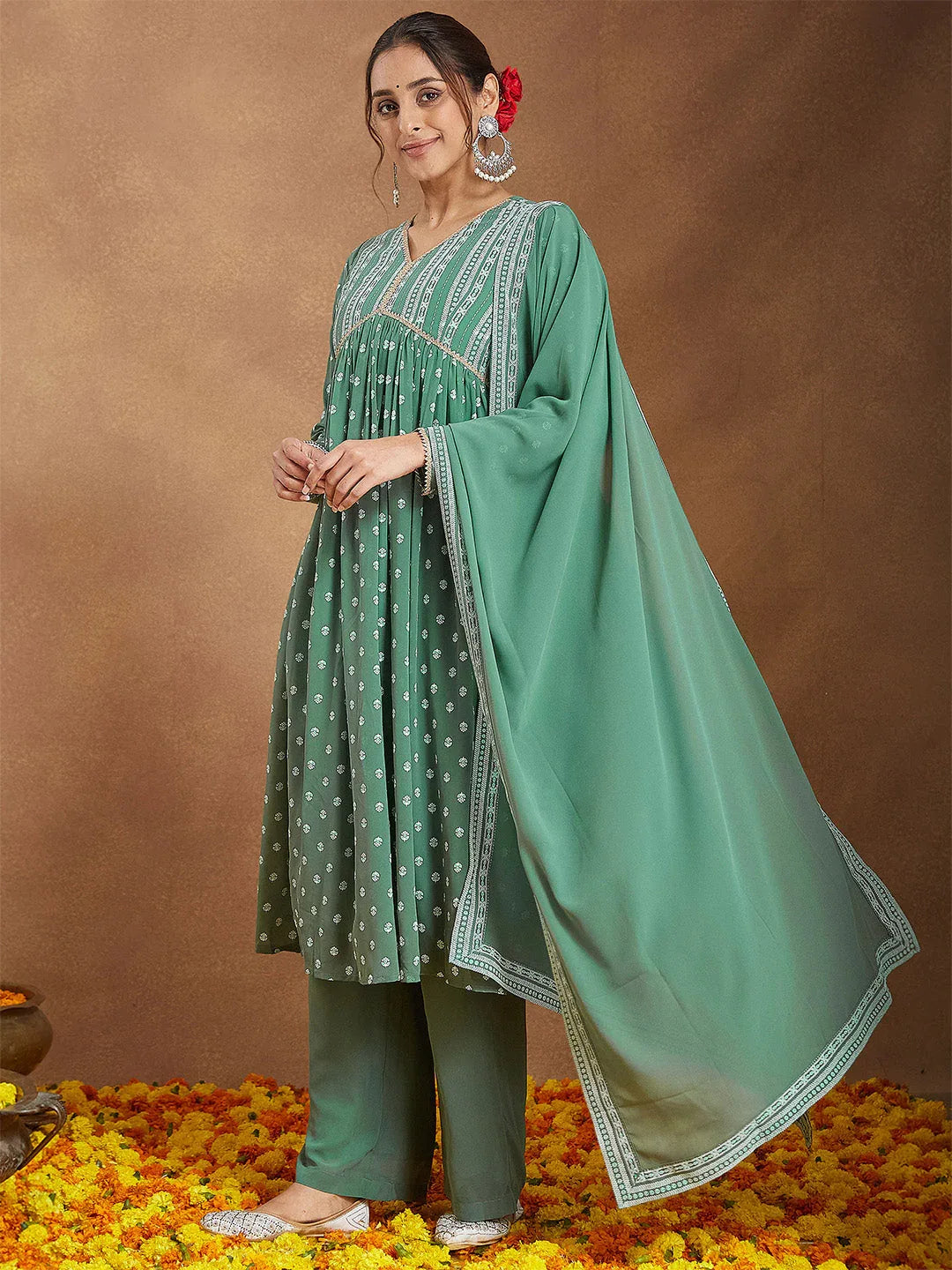 Janasya Women's Sage Green Georgette Embellished Ethnic Motifs Printed A-line Kurta Set