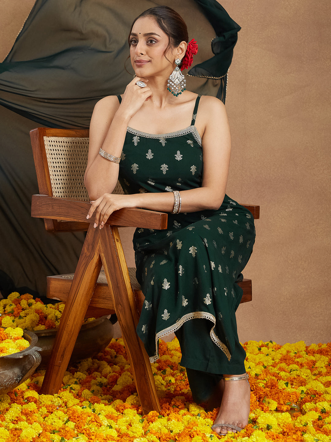 Janasya Women's Dark Green Rayon Embellished Foil Printed Straight Kurta Set - qivii