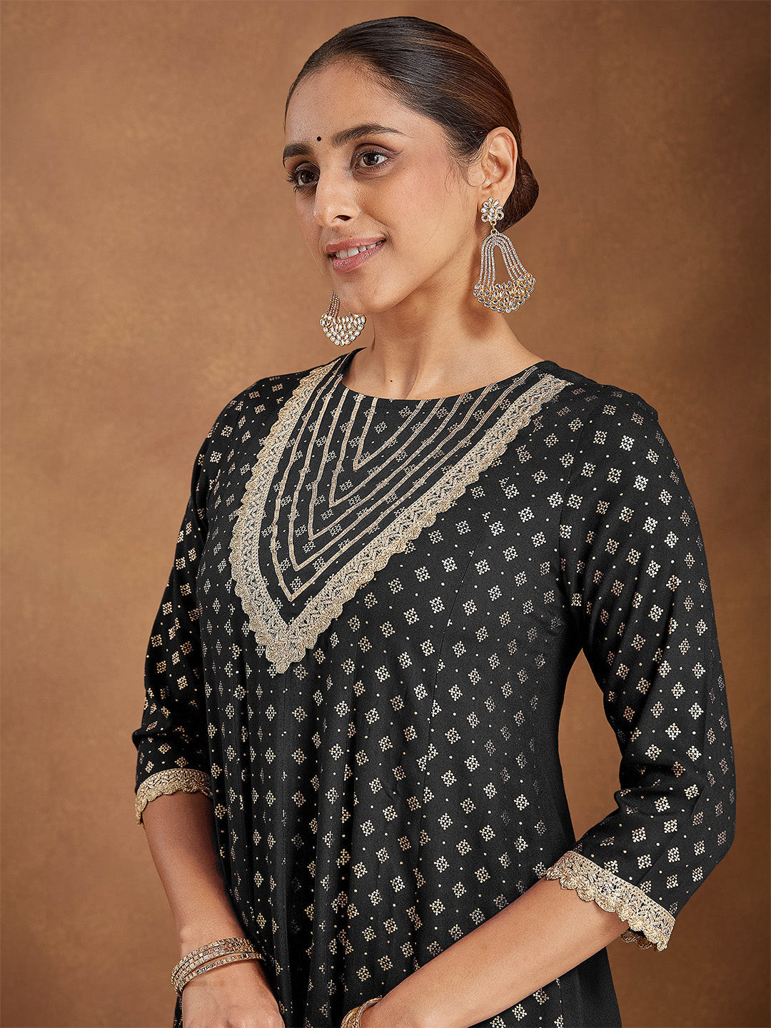 Janasya Women's Black Rayon Foil Print & Embellished Anarkali Kurta Set - qivii