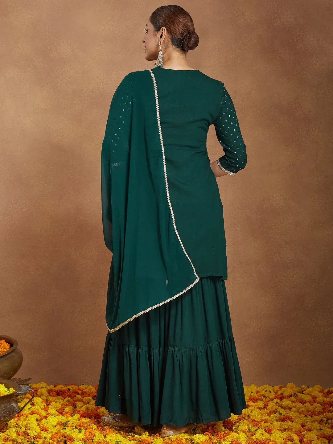 Janasya Women's Dark Green Rayon Embellished Foil Printed Kurta With Sharara & Dupatta Set