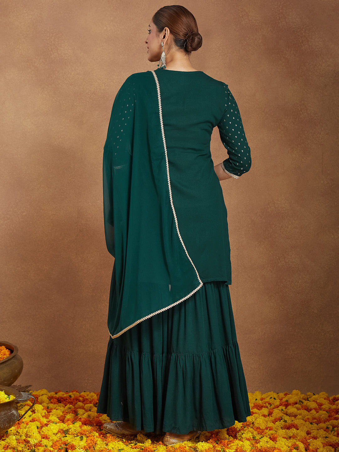 Janasya Women's Dark Green Rayon Embellished Foil Printed Kurta With Sharara & Dupatta Set - qivii