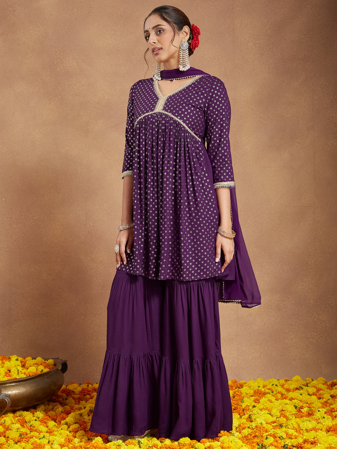 Janasya Women's Purple Rayon Gold Printed A-line Kurta With Sharara & Dupatta Set - qivii