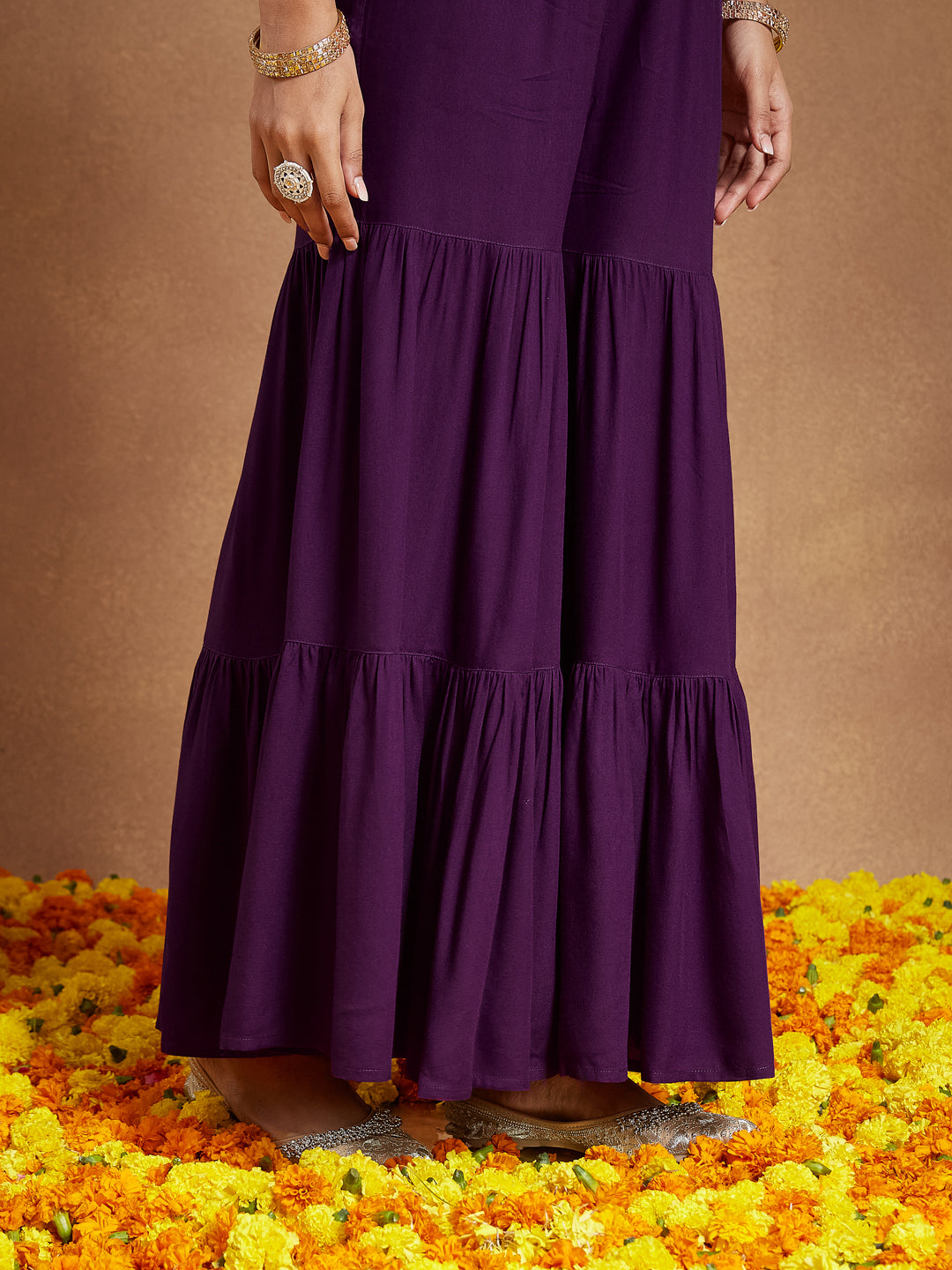 Janasya Women's Purple Rayon Gold Printed A-line Kurta With Sharara & Dupatta Set - qivii