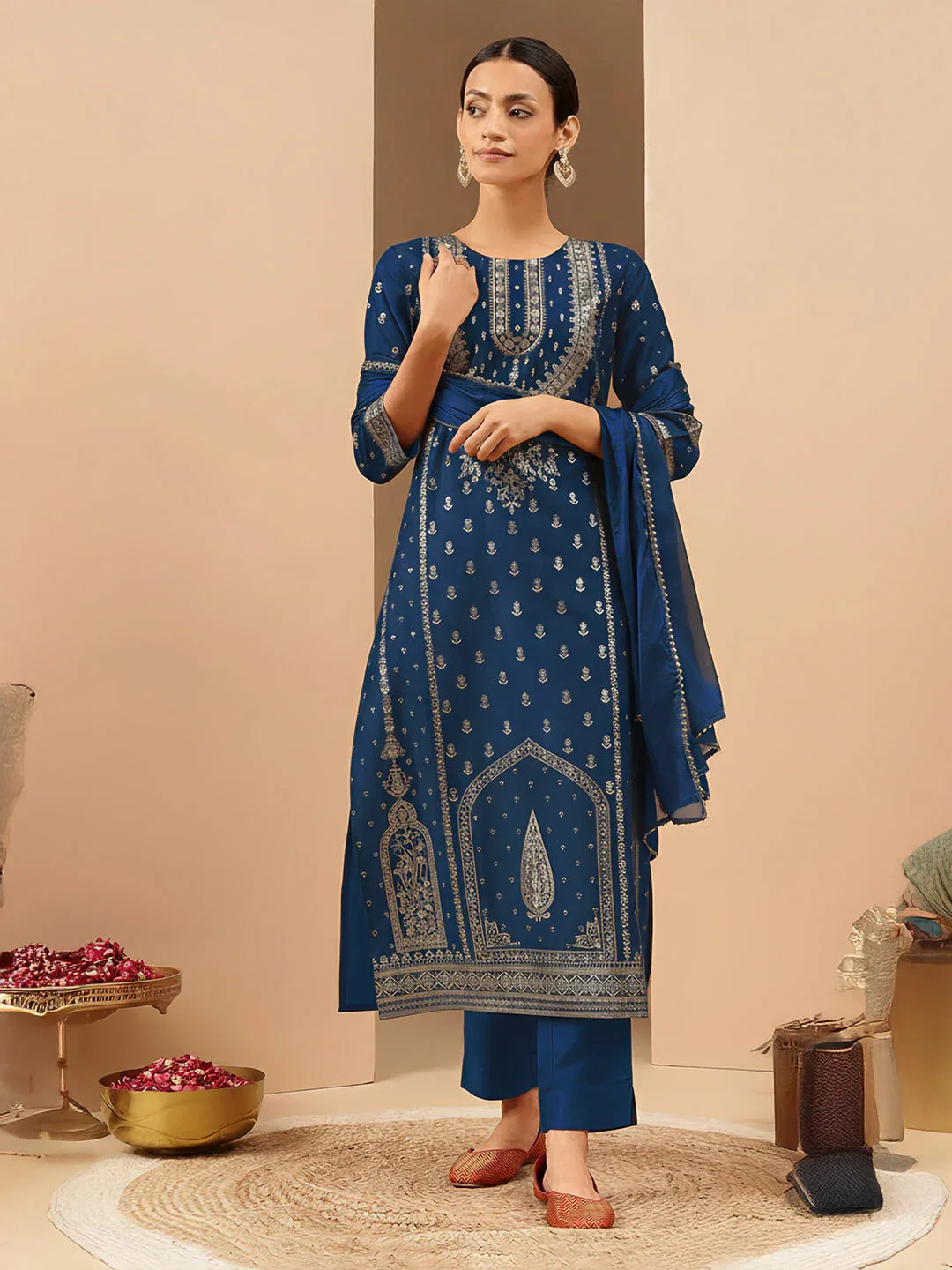Janasya Women's Teal Blue Silk Blend Ethnic Gold Printed Straight Kurta Set