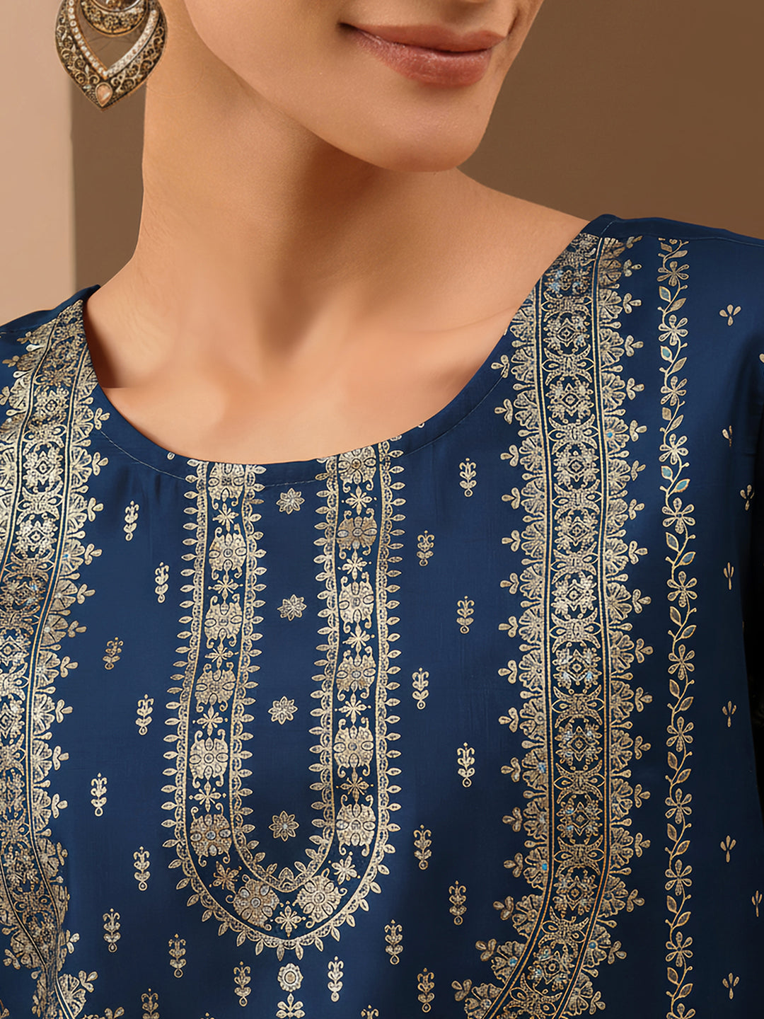 Janasya Women's Teal Blue Silk Blend Ethnic Gold Printed Straight Kurta Set