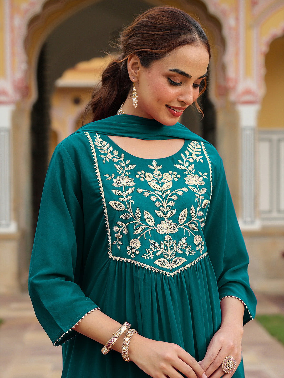 Janasya Women's Teal Green Georgette Embroidered A-line Kurta With Palazzo Dupatta Set - qivii