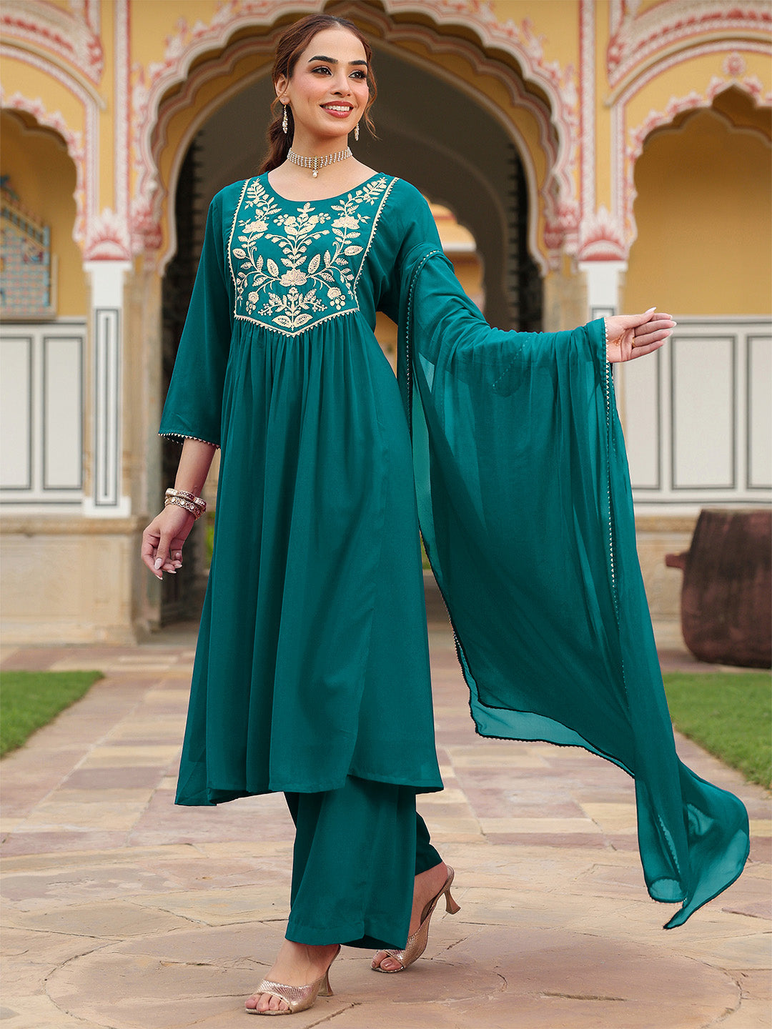Janasya Women's Teal Green Georgette Embroidered A-line Kurta With Palazzo Dupatta Set - qivii