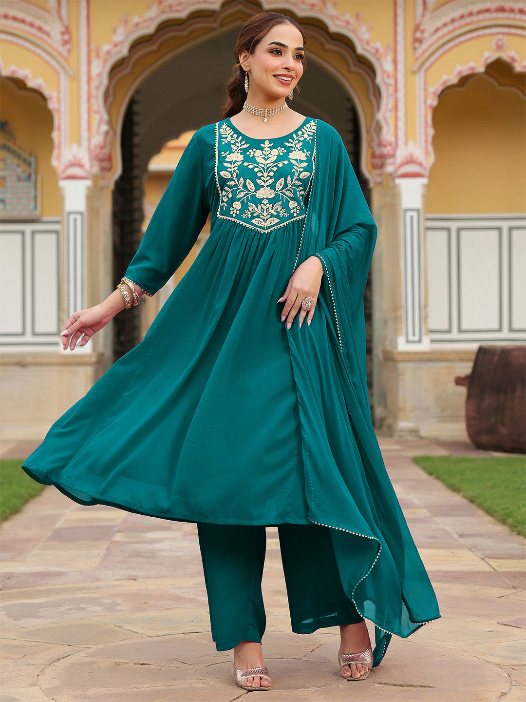Janasya Women's Teal Green Georgette Embroidered A-line Kurta With Palazzo Dupatta Set - qivii