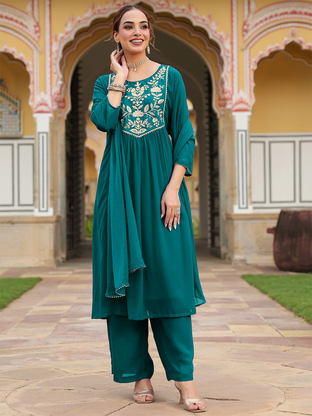 Janasya Women's Teal Green Georgette Embroidered A-line Kurta With Palazzo Dupatta Set - qivii