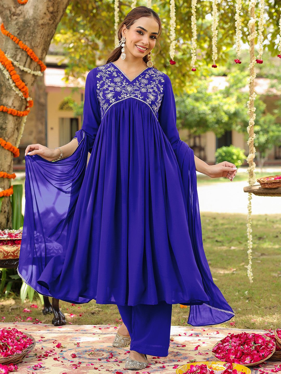 Janasya Women's Royal Blue Georgette Zari Yoke Embroidered A-line Kurta With Palazzo & Dupatta Set - qivii