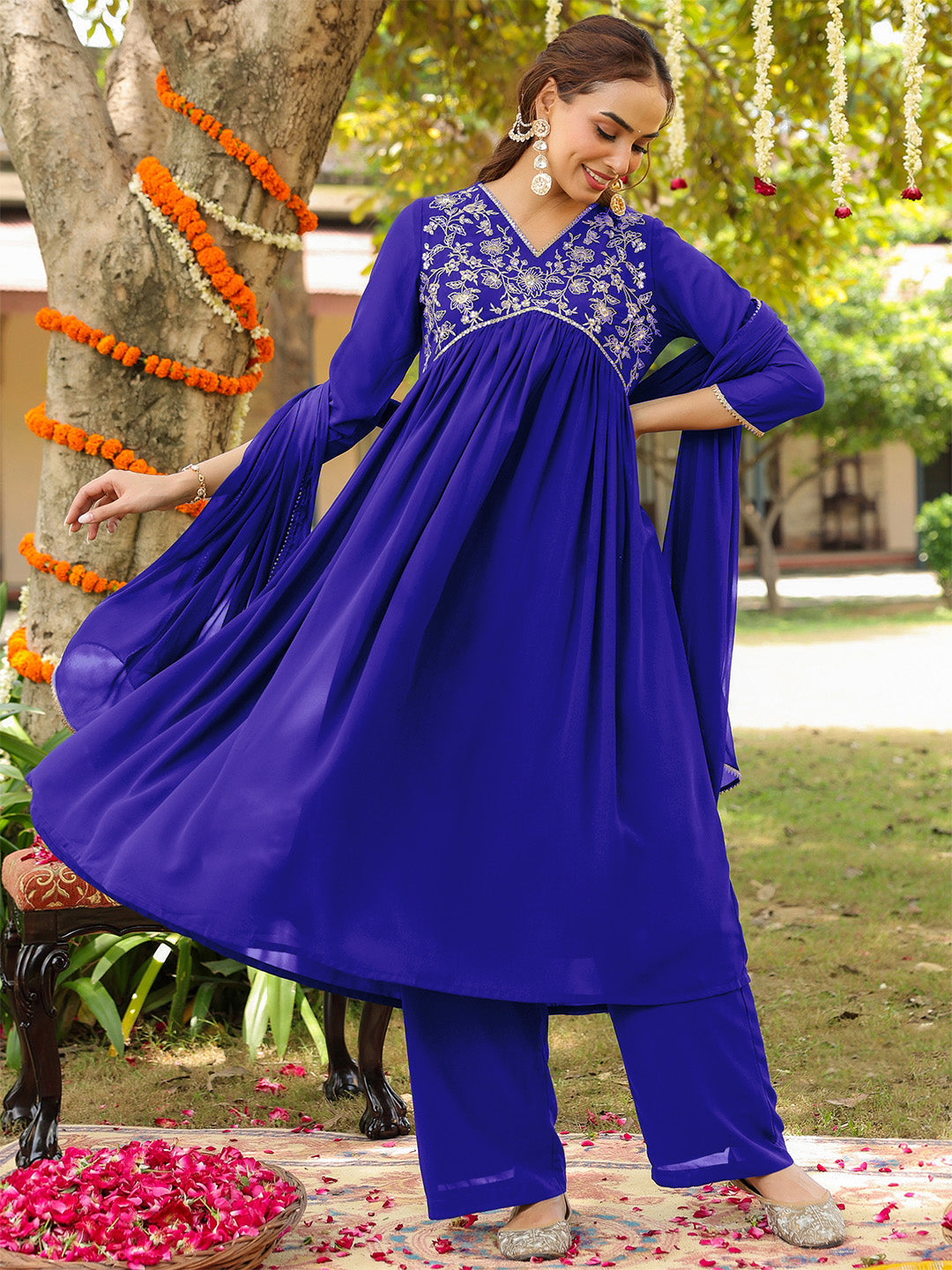 Janasya Women's Royal Blue Georgette Zari Yoke Embroidered A-line Kurta With Palazzo & Dupatta Set - qivii