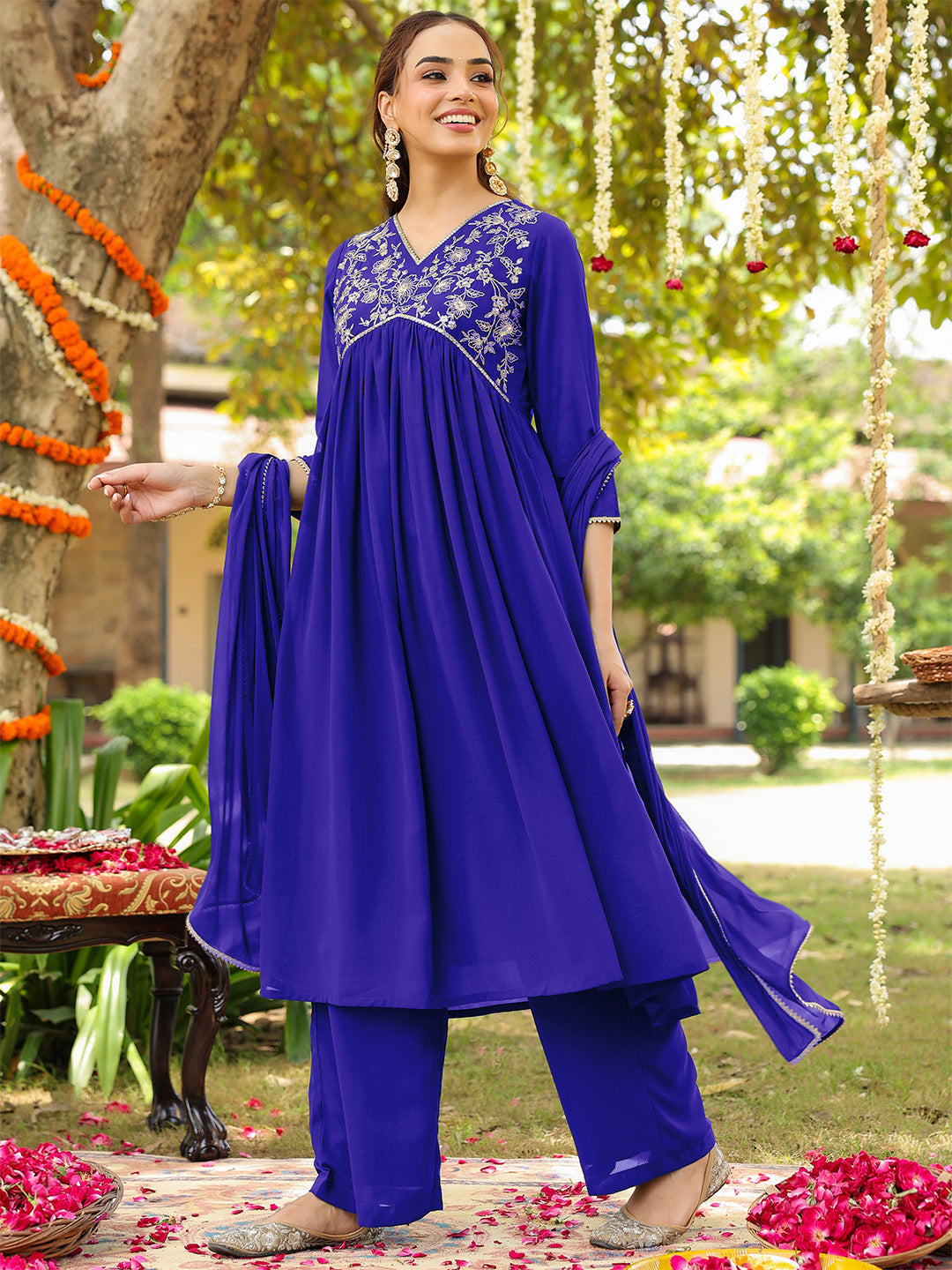 Janasya Women's Royal Blue Georgette Zari Yoke Embroidered A-line Kurta With Palazzo & Dupatta Set - qivii