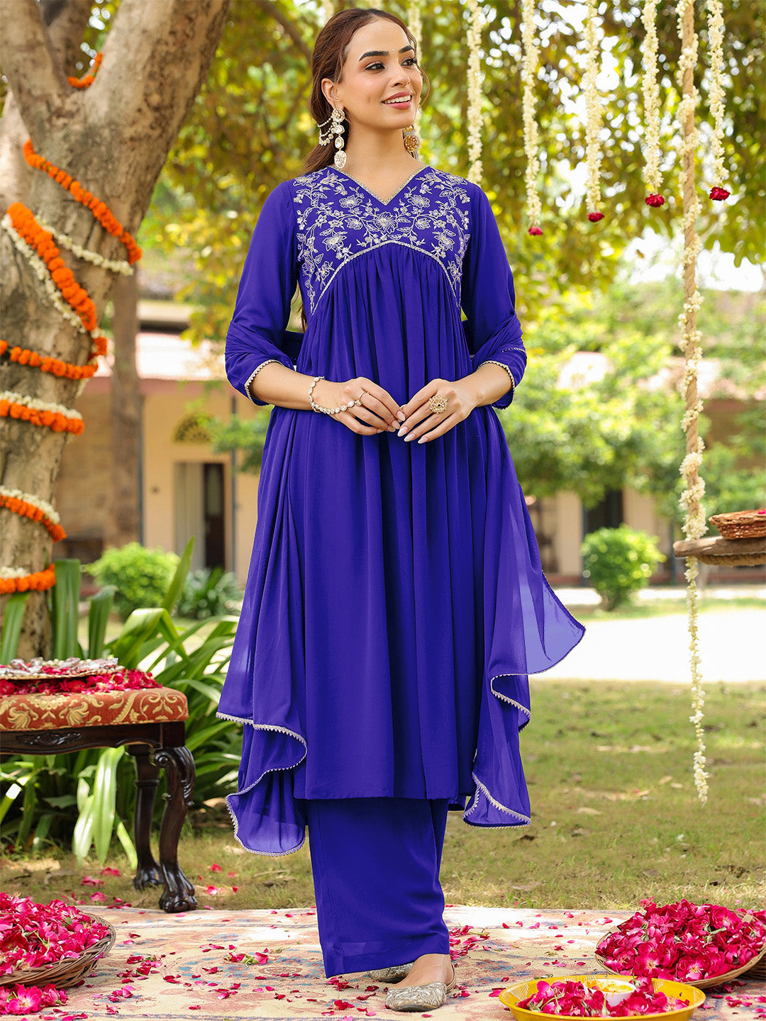Janasya Women's Royal Blue Georgette Zari Yoke Embroidered A-line Kurta With Palazzo & Dupatta Set - qivii