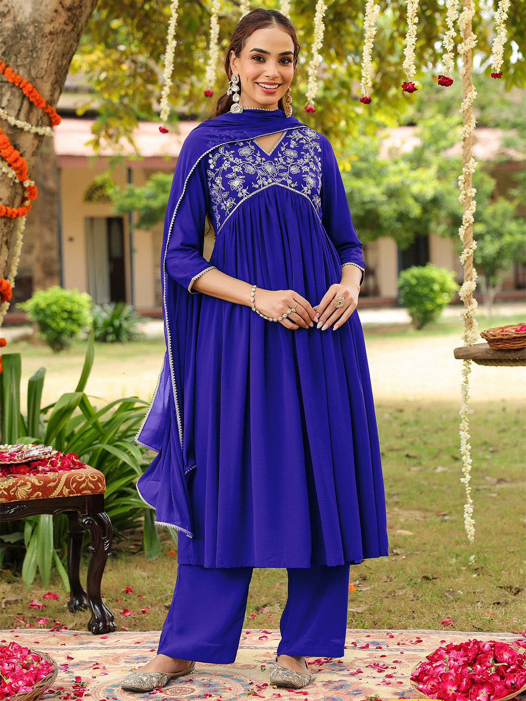 Janasya Women's Royal Blue Georgette Zari Yoke Embroidered A-line Kurta With Palazzo & Dupatta Set - qivii