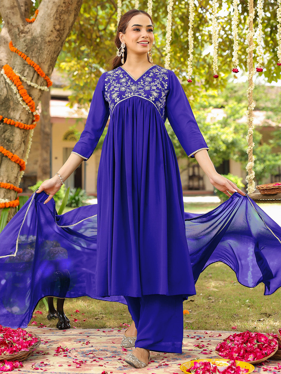Janasya Women's Royal Blue Georgette Zari Yoke Embroidered A-line Kurta With Palazzo & Dupatta Set - qivii