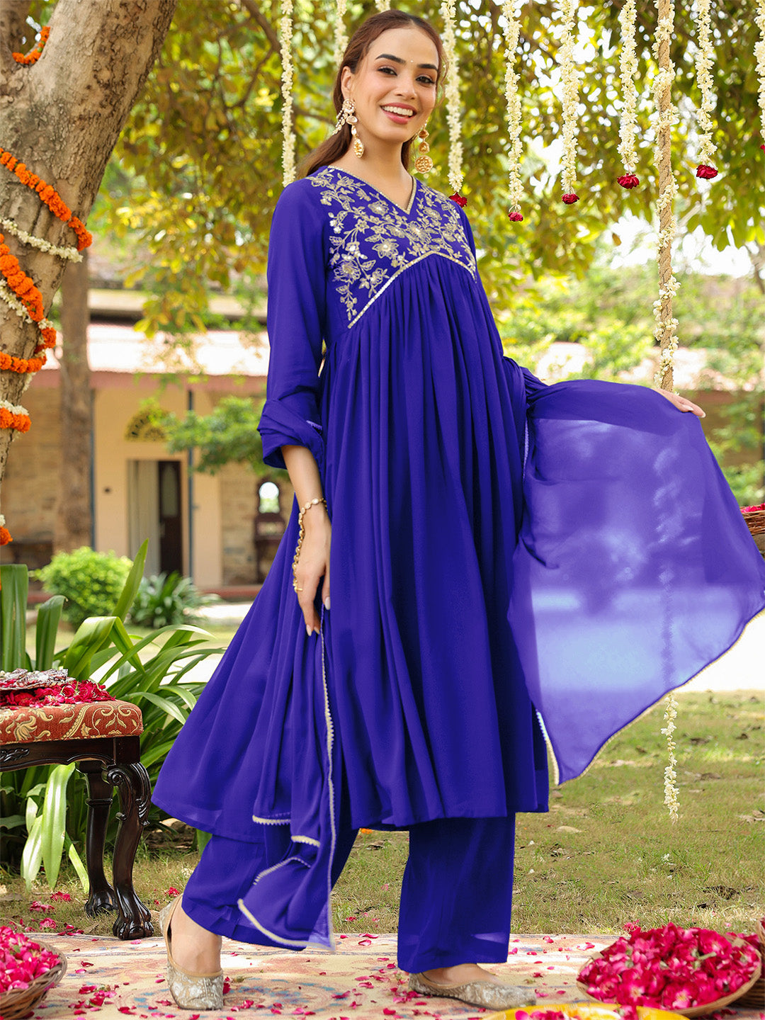 Janasya Women's Royal Blue Georgette Zari Yoke Embroidered A-line Kurta With Palazzo & Dupatta Set - qivii