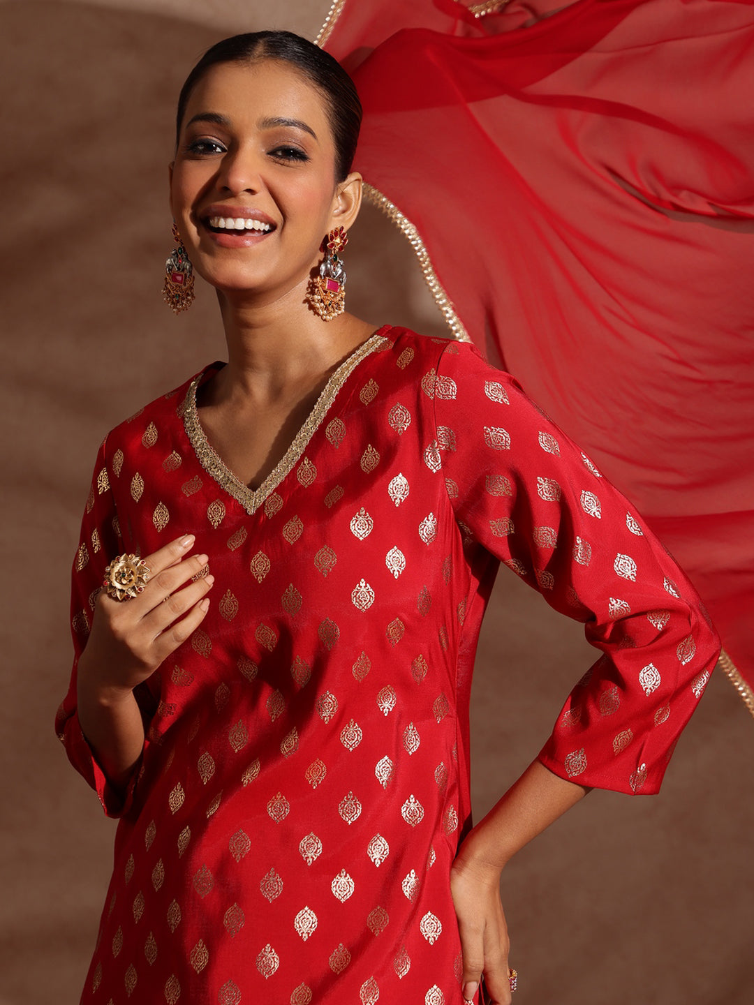 Janasya Women's Maroon Chanderi Silk Embellished Gold Printed Kurta With Sharara & Dupatta Set - qivii