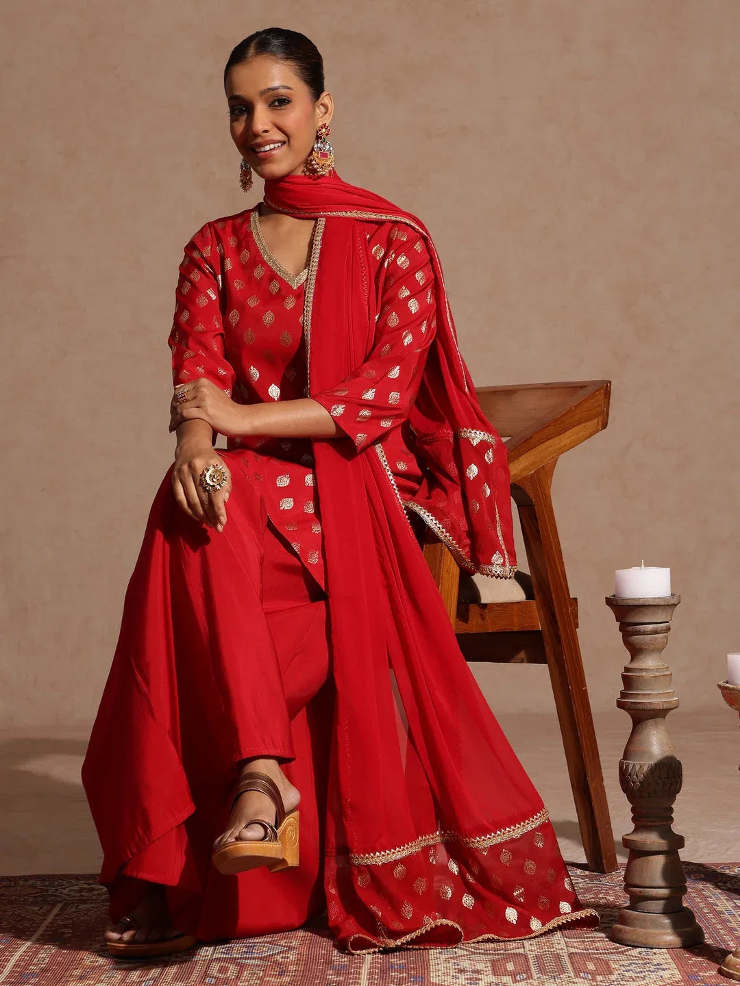 Janasya Women's Maroon Chanderi Silk Embellished Gold Printed Kurta With Sharara & Dupatta Set