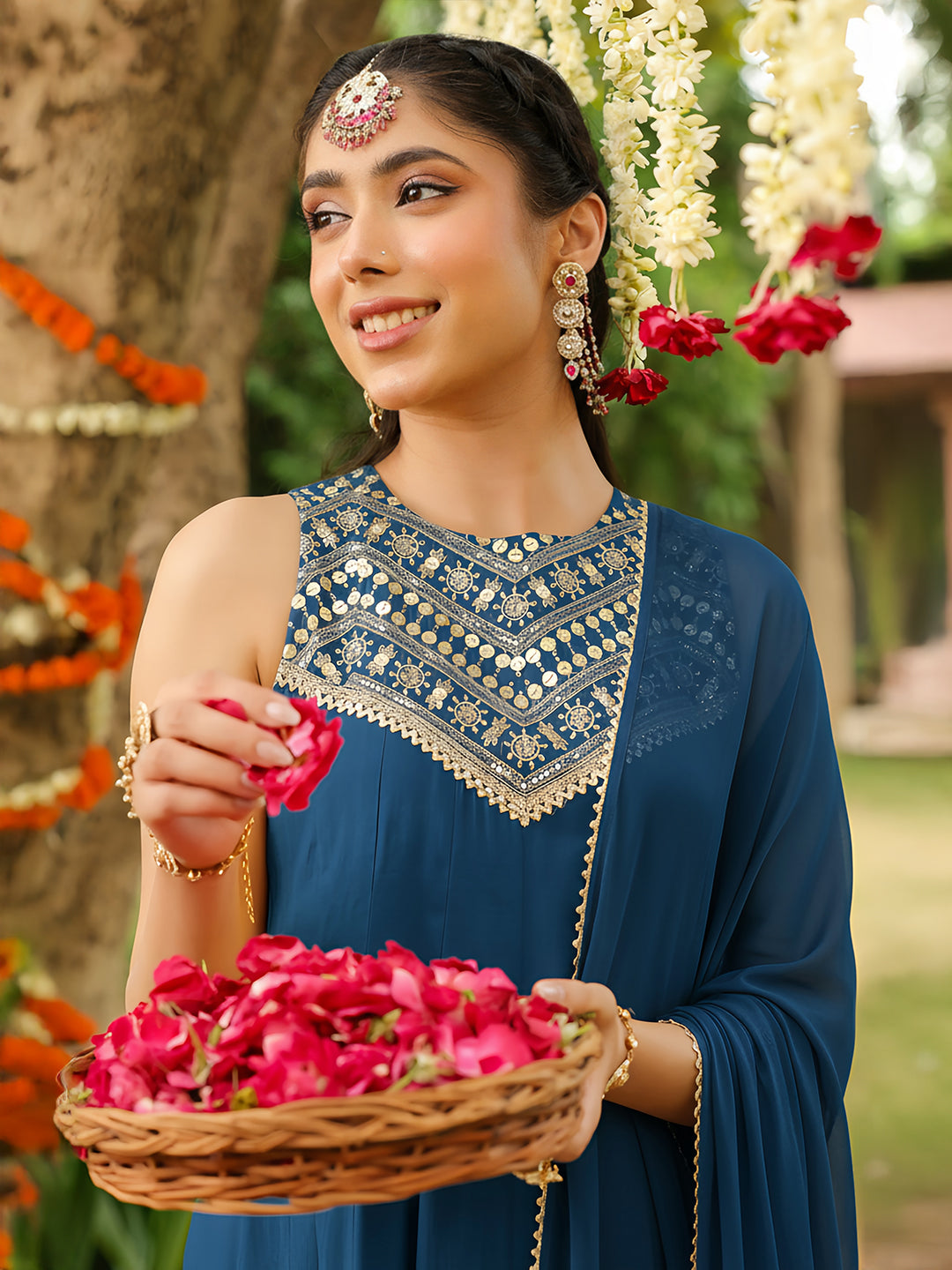 Janasya Women Teal Blue Chanderi Silk Embellished Anarkali Kurta Set With Dupatta