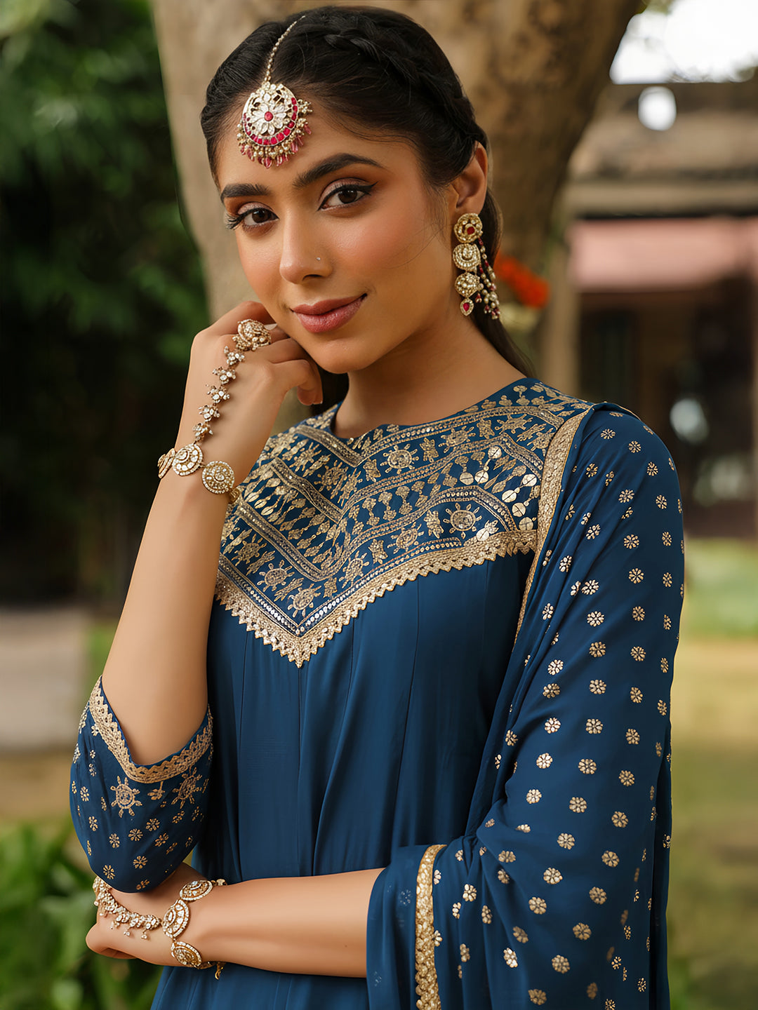 Janasya Women Teal Blue Chanderi Silk Embellished Anarkali Kurta Set With Dupatta