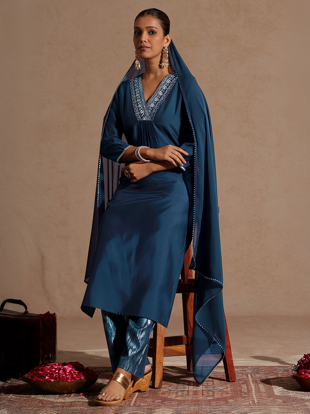 Janasya Women's Teal Blue Chanderi Silk Embellished Straight Kurta Set