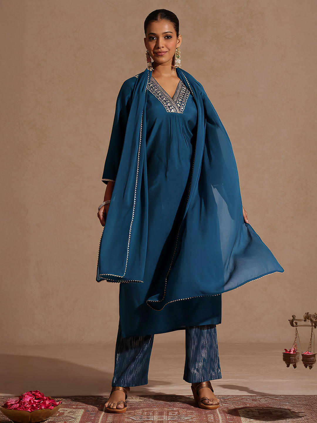 Janasya Women's Teal Blue Chanderi Silk Embellished Straight Kurta Set