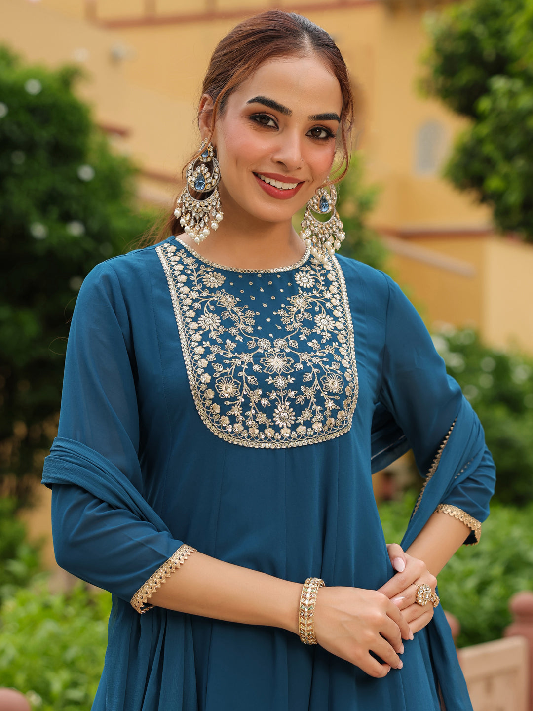 Janasya Women's Teal Georgette Zari Yoke Embroidered Anarkali Kurta Set With Dupatta - qivii