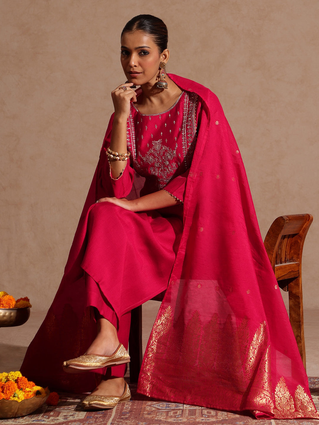 Janasya Women's Pink Silk Blend Zari Yoke Embroidered Straight Kurta Set - qivii