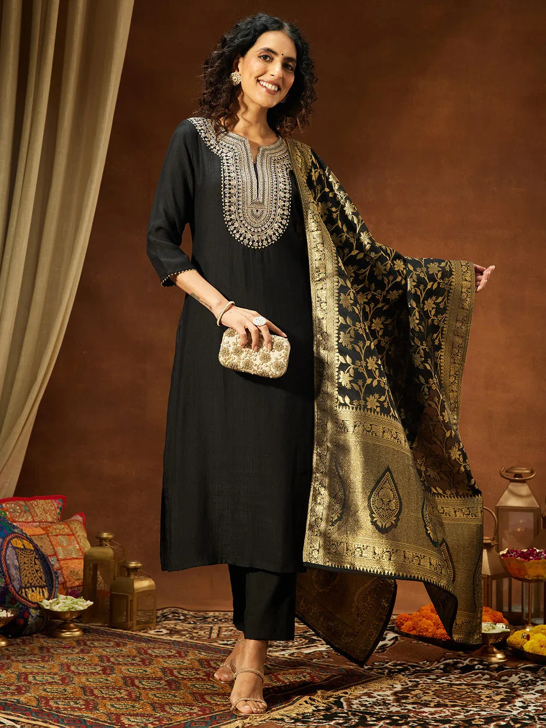 Janasya Women's Black Silk Blend Yoke Embroidered Straight Kurta Set