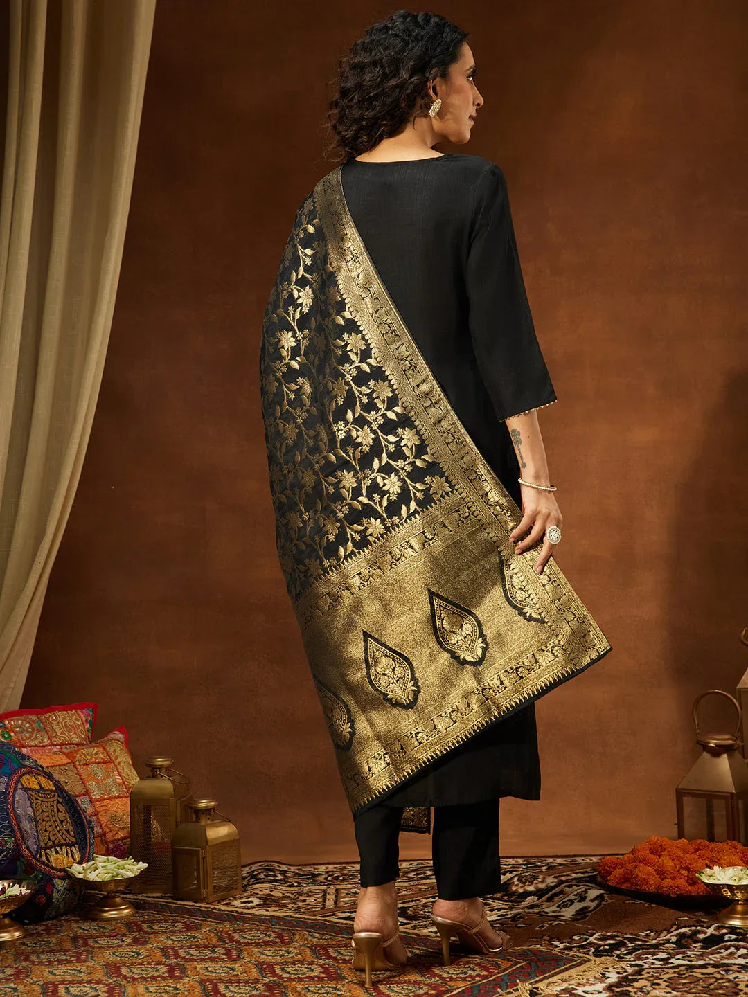Janasya Women's Black Silk Blend Yoke Embroidered Straight Kurta Set