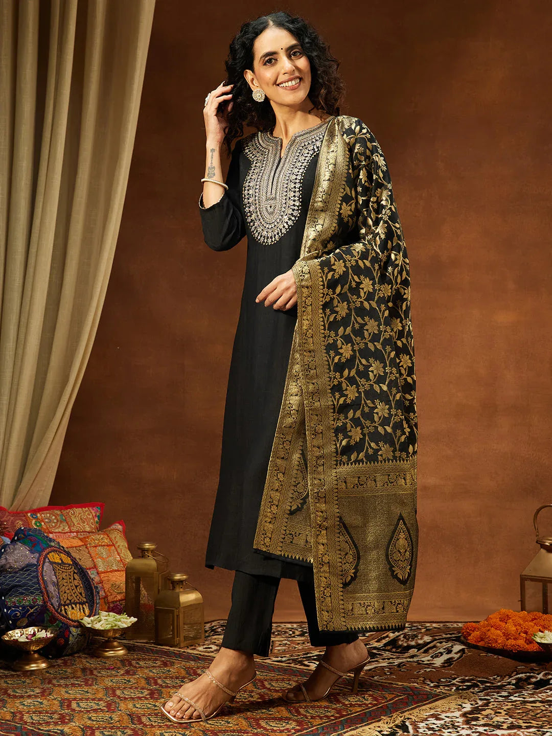 Janasya Women's Black Silk Blend Yoke Embroidered Straight Kurta Set