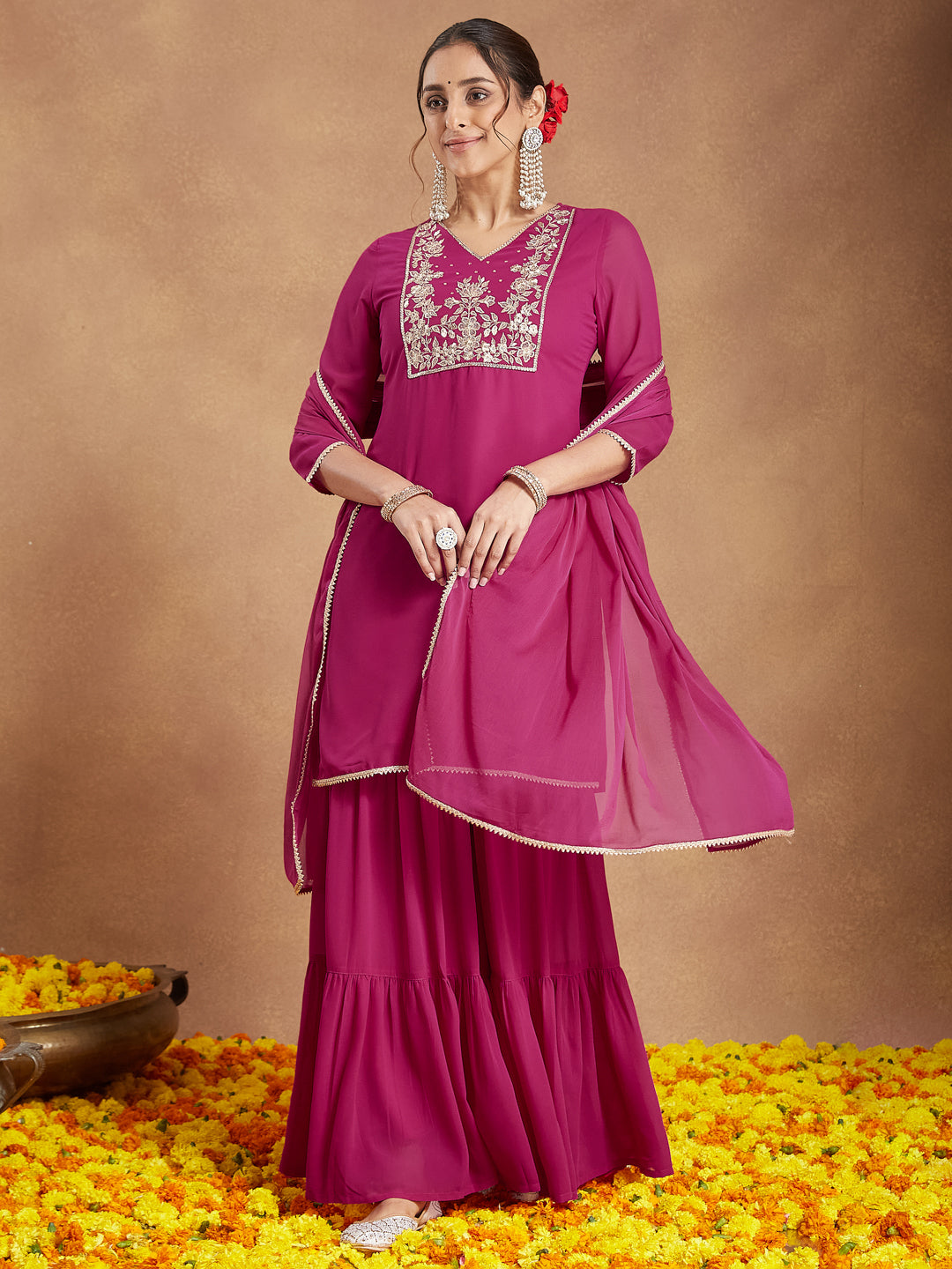 Janasya Women's Pink Georgette Embroidered Straight Kurta With Sharara & Dupatta Set - qivii