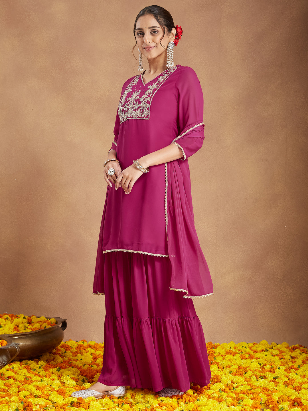 Janasya Women's Pink Georgette Embroidered Straight Kurta With Sharara & Dupatta Set - qivii