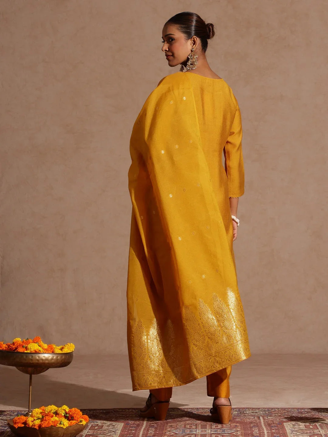 Janasya Women's Mustard Silk Blend Zari Yoke Embroidered Straight Kurta Set