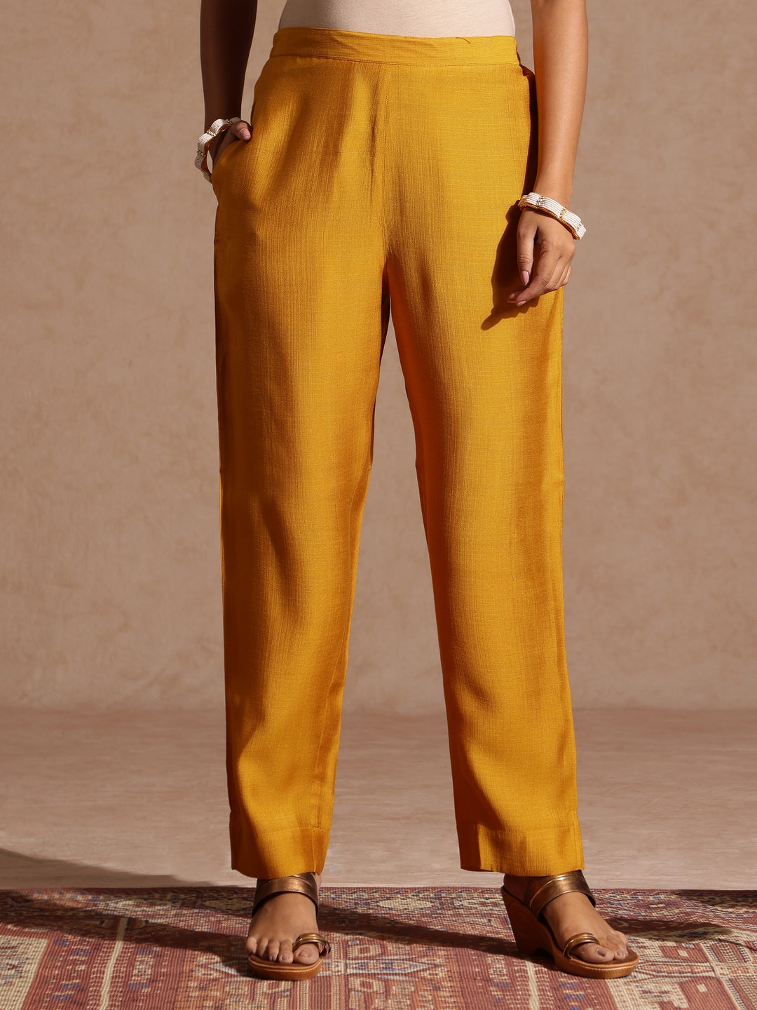 Janasya Women's Mustard Silk Blend Zari Yoke Embroidered Straight Kurta Set - qivii