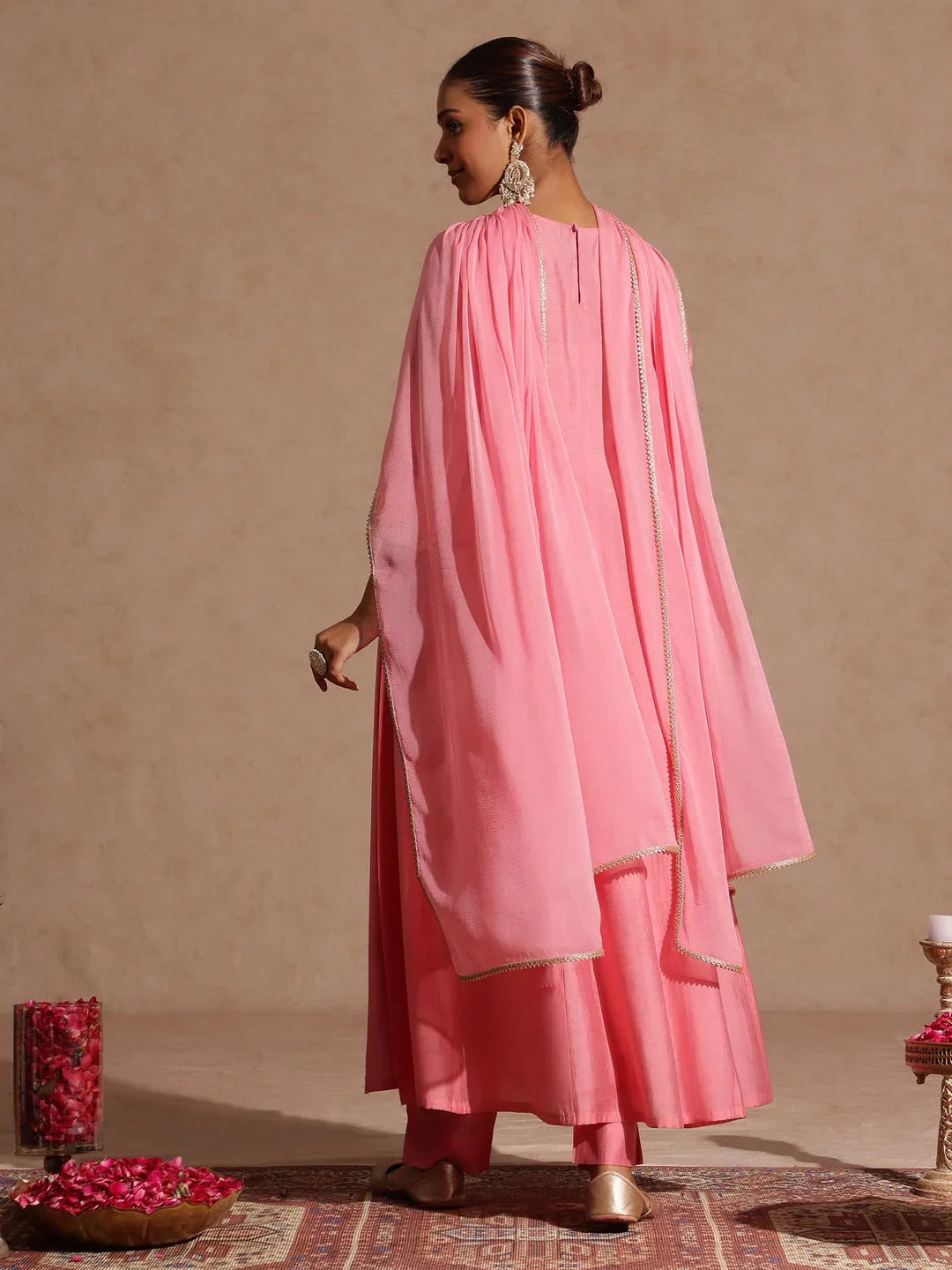 Janasya Women's Light Pink Chanderi Silk Zari Yoke Embroidered Anarkali Kurta Set