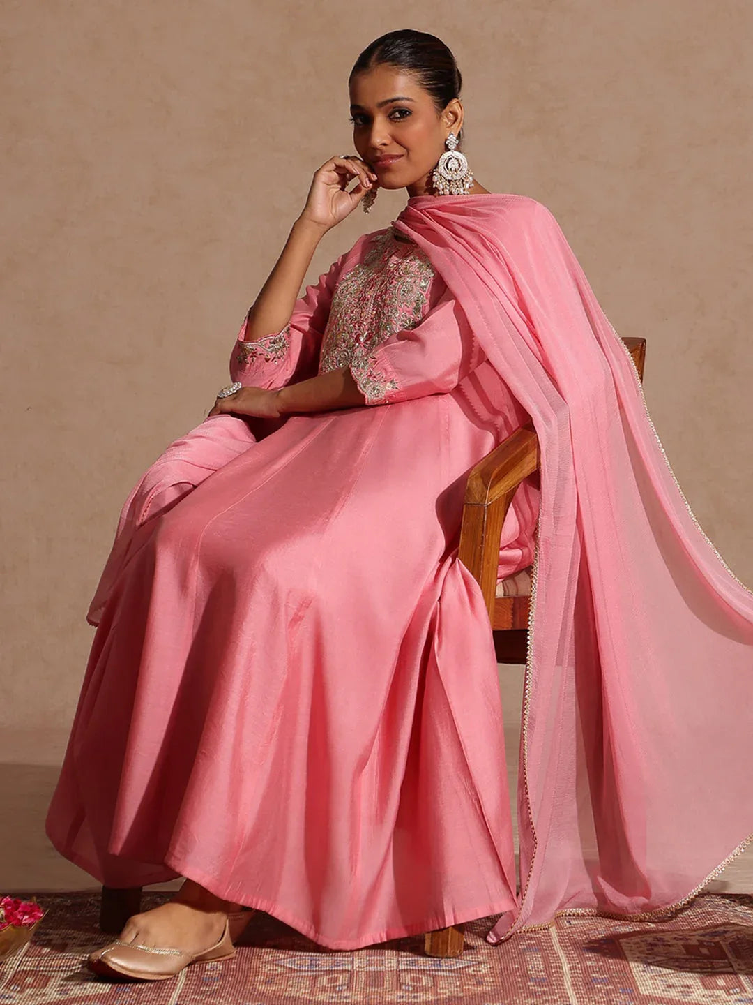 Janasya Women's Light Pink Chanderi Silk Zari Yoke Embroidered Anarkali Kurta Set