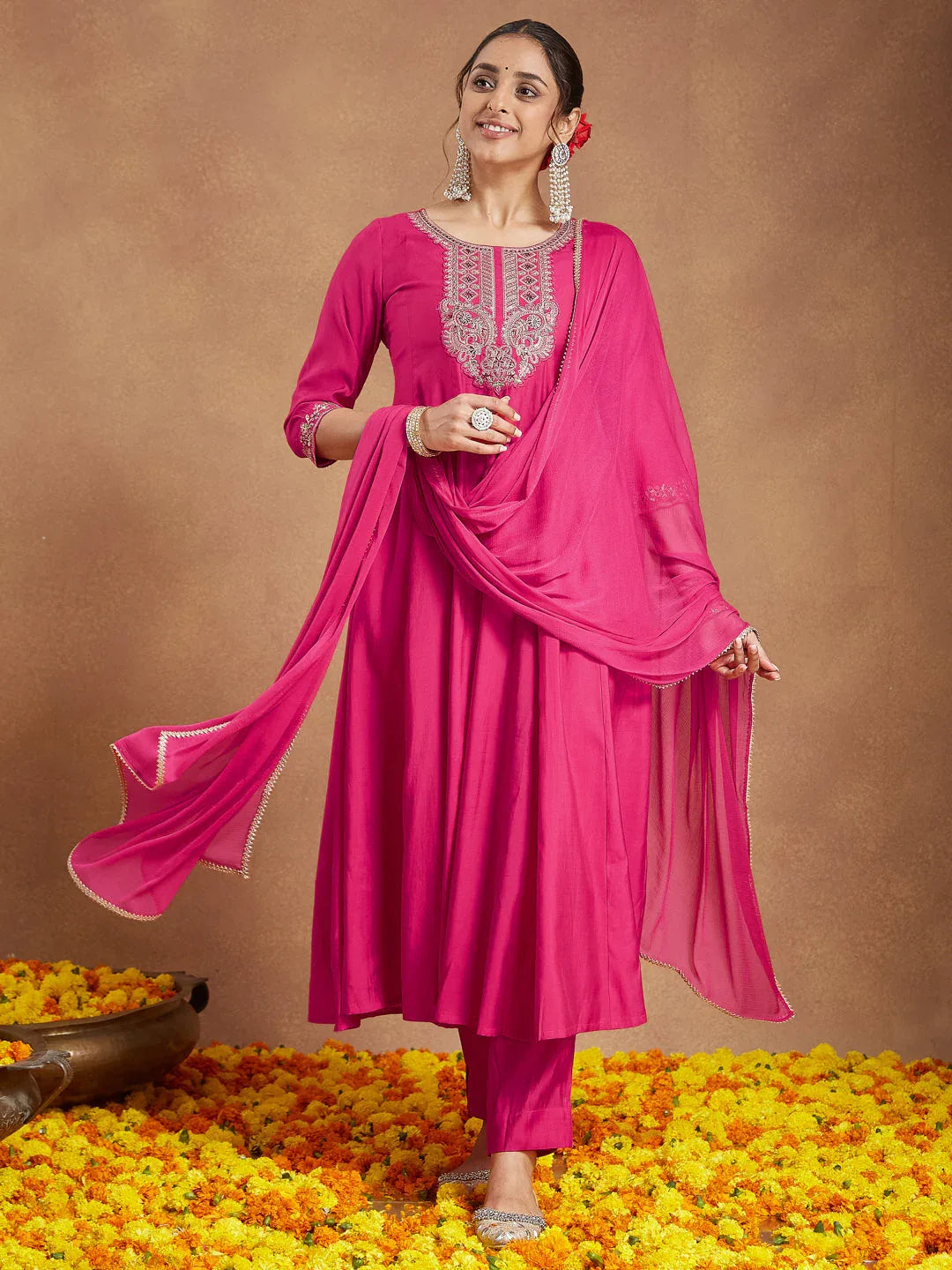 Janasya Women's Pink Chanderi Silk Yoke Embroidered Anarkali Kurta Set